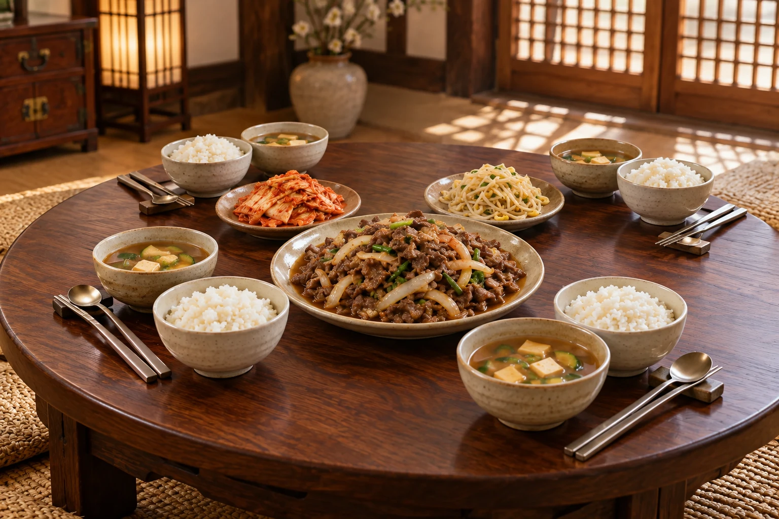 Bulgogi Table — family table with Steamed rice, Soybean paste soup, Beef bulgogi, Napa cabbage kimchi, Seasoned bean sprouts