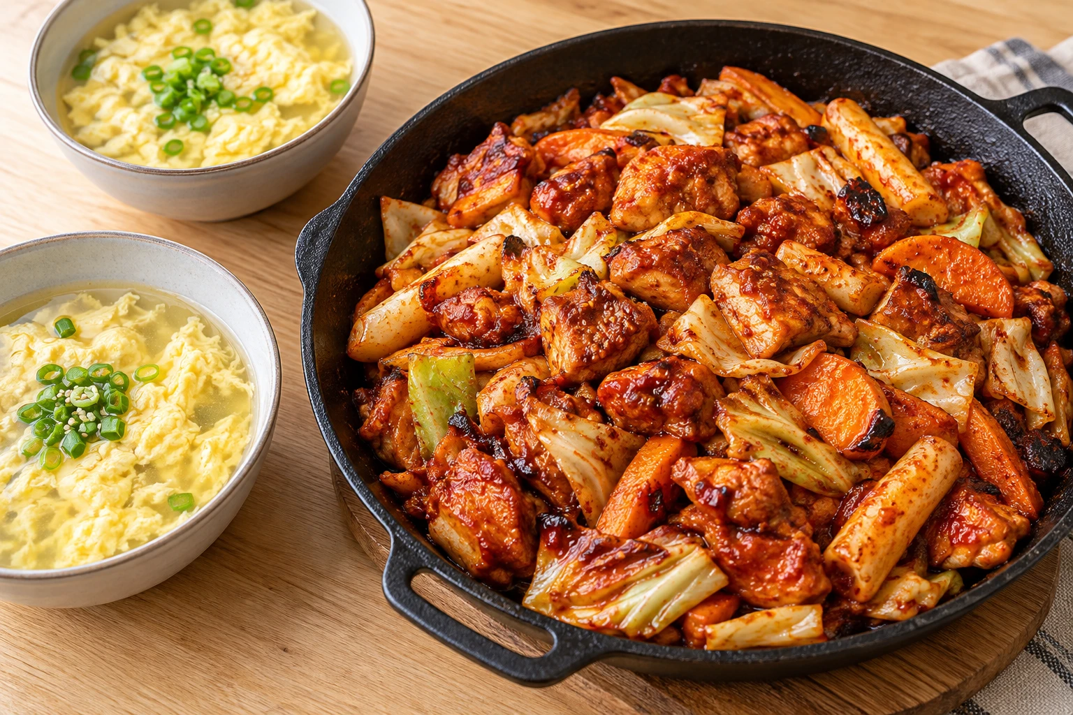 Dakgalbi + Egg Soup — cooked and ready to enjoy together