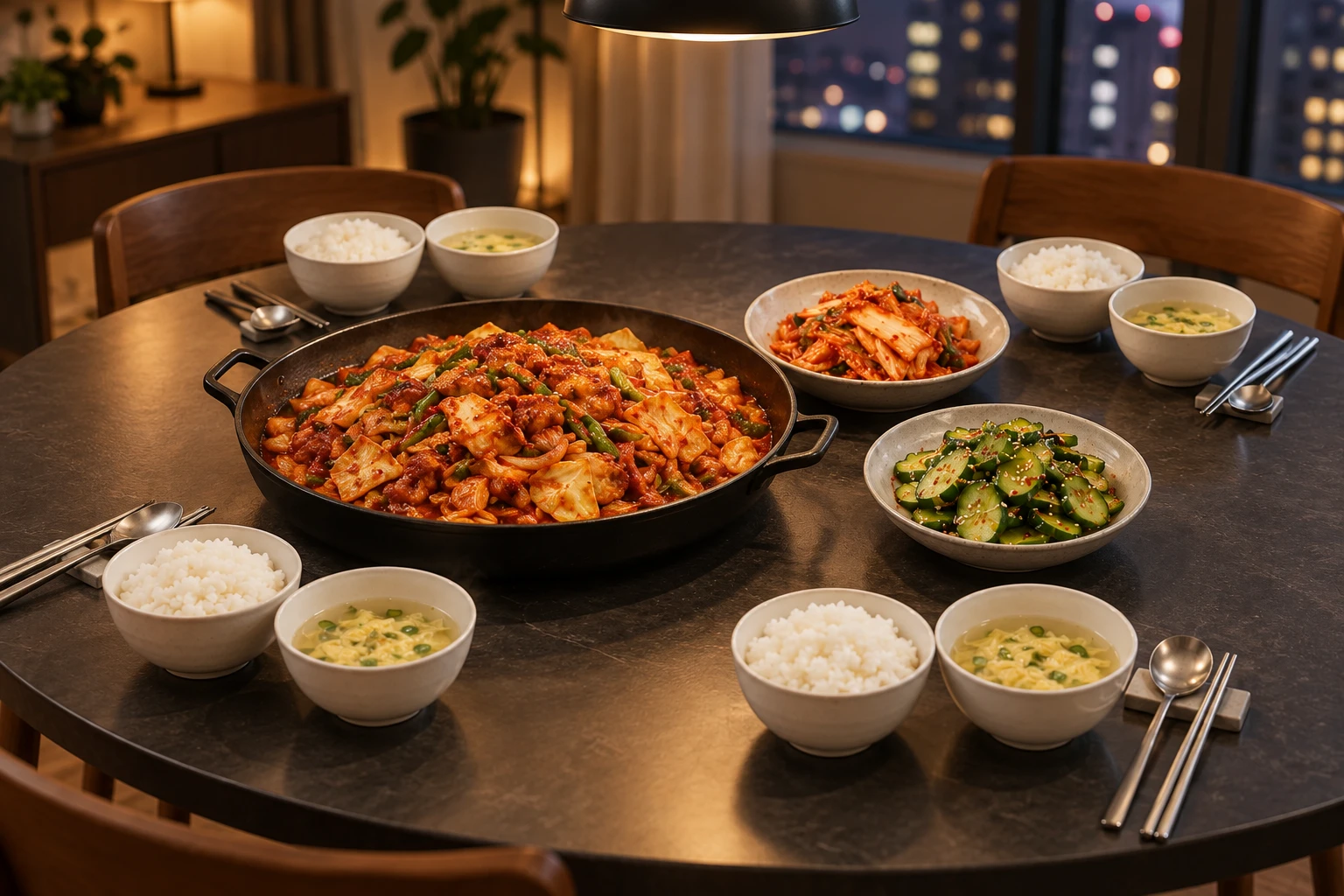 Dakgalbi Table — family table with Steamed rice, Egg soup, Spicy chicken stir-fry, Napa cabbage kimchi, Cucumber salad