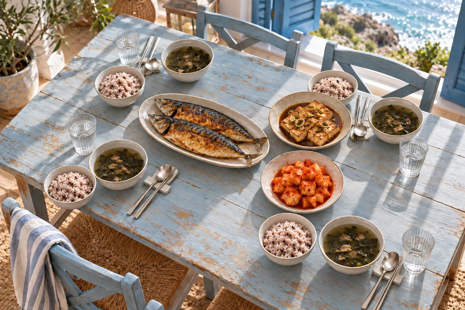 Grilled Fish Table — family table with Multigrain rice, Seaweed soup, Grilled mackerel, Radish kimchi, Braised tofu