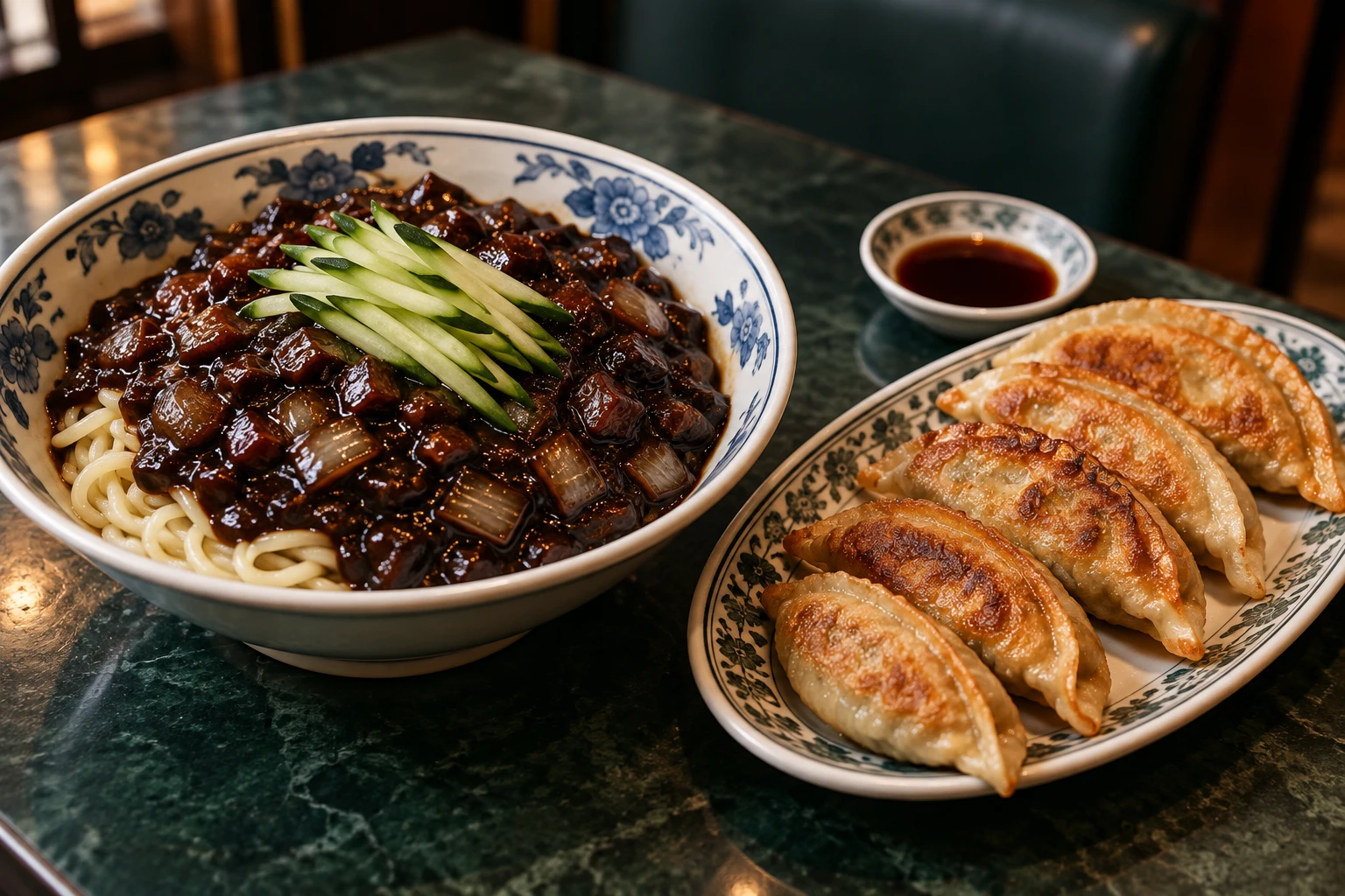 Jjajangmyeon + Fried Mandu — cooked and ready to enjoy together