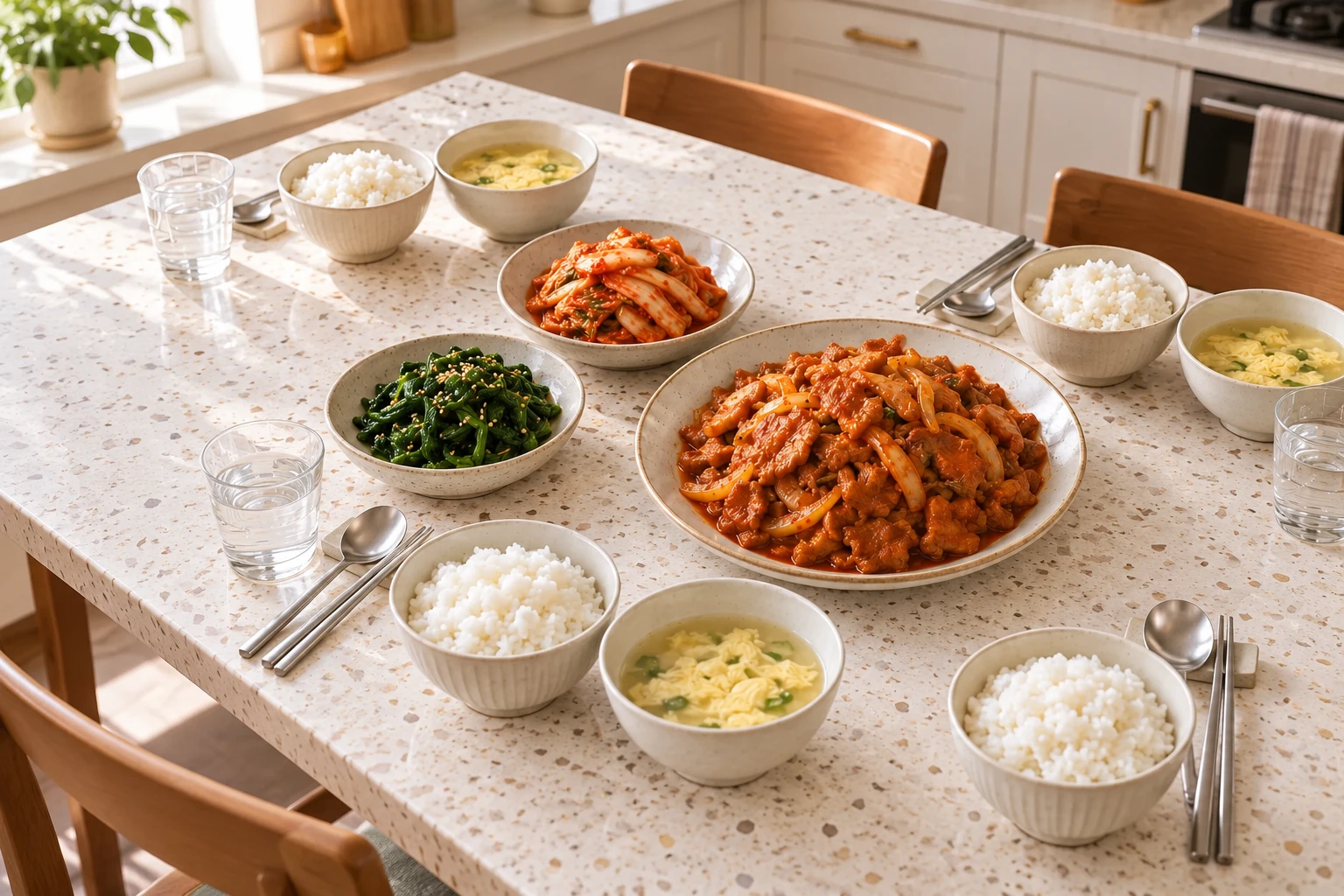Spicy Pork Table — family table with Steamed rice, Egg soup, Spicy pork stir-fry, Napa cabbage kimchi, Seasoned spinach
