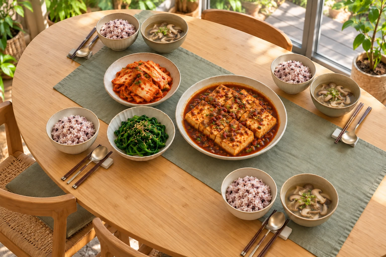 Tofu Table — family table with Multigrain rice, Mushroom soup, Braised tofu, Napa cabbage kimchi, Seasoned spinach